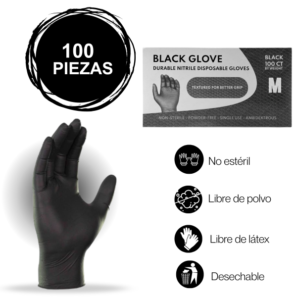Guantes de Nitrilo Negro Libre de Látex | 5 Micras | Mediano